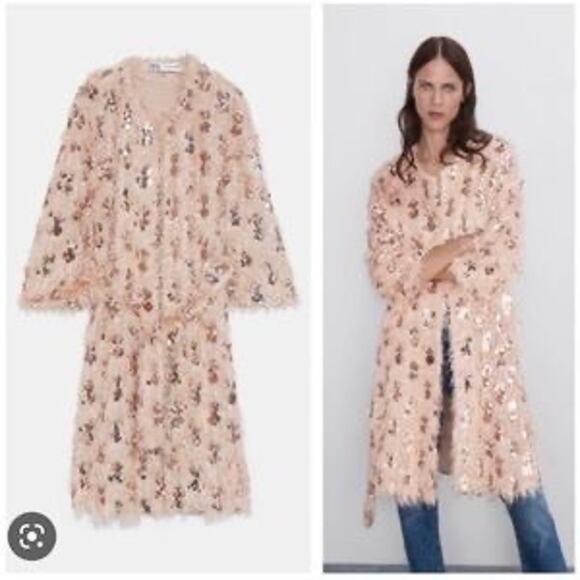 ZARA Blogger FAV‎ NUDE BEIGE PINK SEQUINNED COAT KIMONO FRINGED WITH BELT - Picture 3 of 16